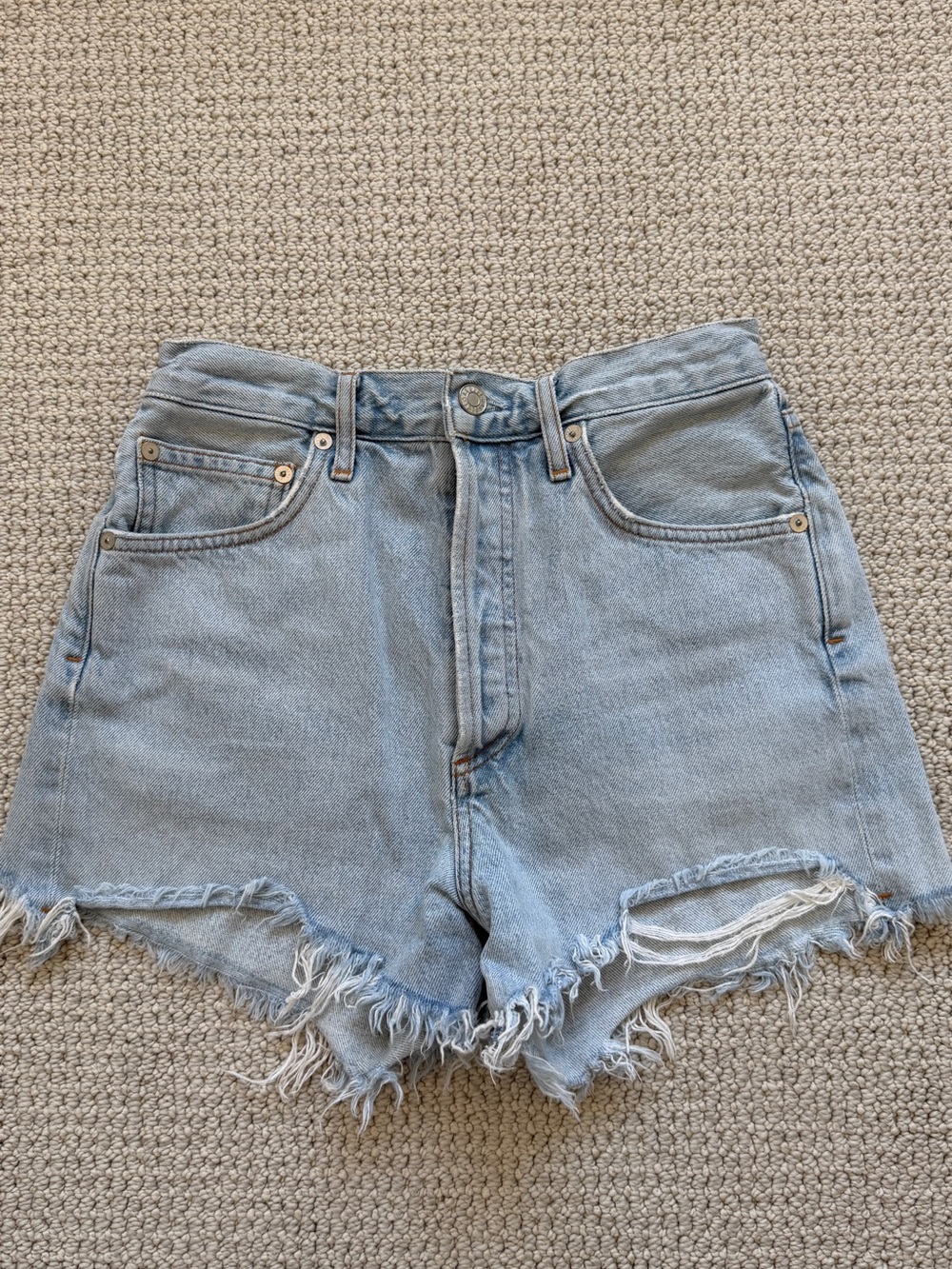 Agolde Light Blue Distressed Denim Shorts